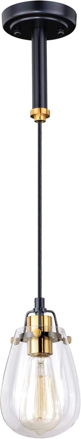 VAXCEL Kassidy Black and Brass Industrial Teardrop Mini Pendant Ceiling Light Clear Glass