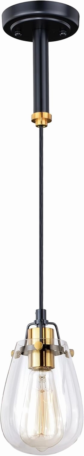 VAXCEL Kassidy Black and Brass Industrial Teardrop Mini Pendant Ceiling Light Clear Glass