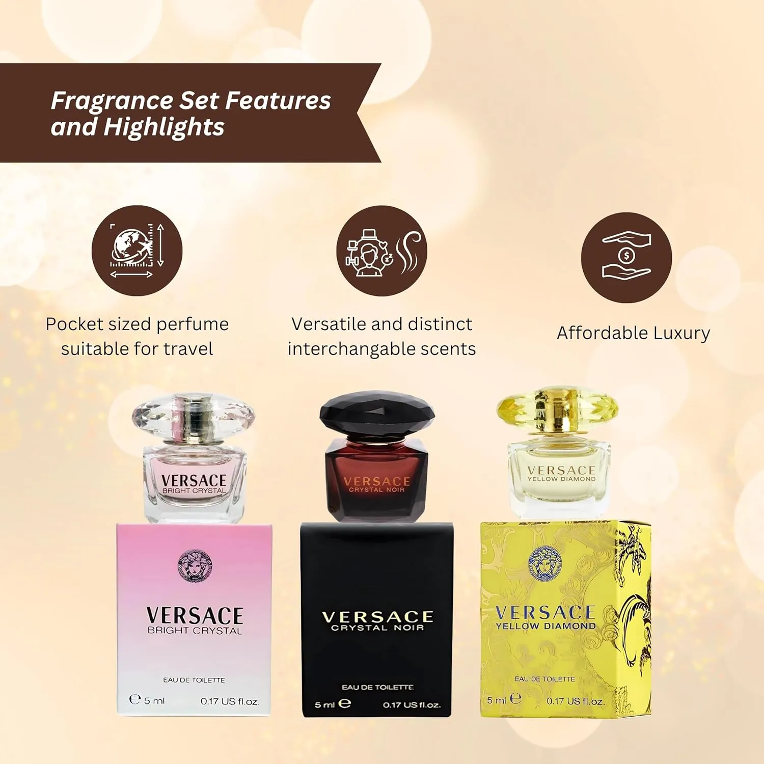 Versace Perfume for Women Variety 3-Piece Mini Gift Set – Yellow Diamond, Crystal Noir, Bright Crystal