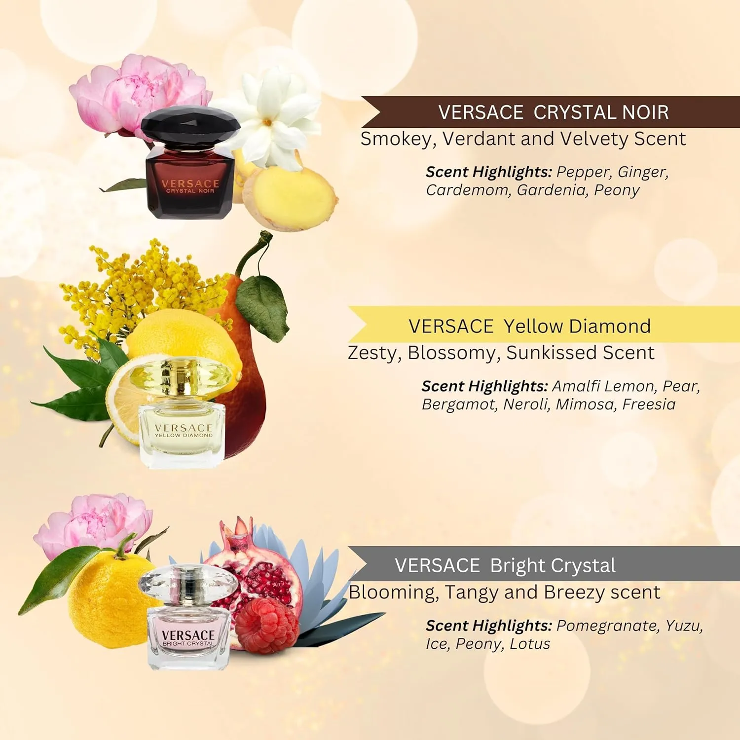 Versace Perfume for Women Variety 3-Piece Mini Gift Set – Yellow Diamond, Crystal Noir, Bright Crystal