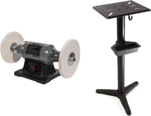 VEVOR Bench Buffer Polisher, 8 inch Buffing Machine 370W Motor with 3600 RPM, Heavy Duty Benchtop Lathe Polishing Machine for Jewelry, Wood, Silver, Amber, Metal, Jade and WEN Bench Grinder Stand, 32-Inch with Water Pot (4288T), Black
