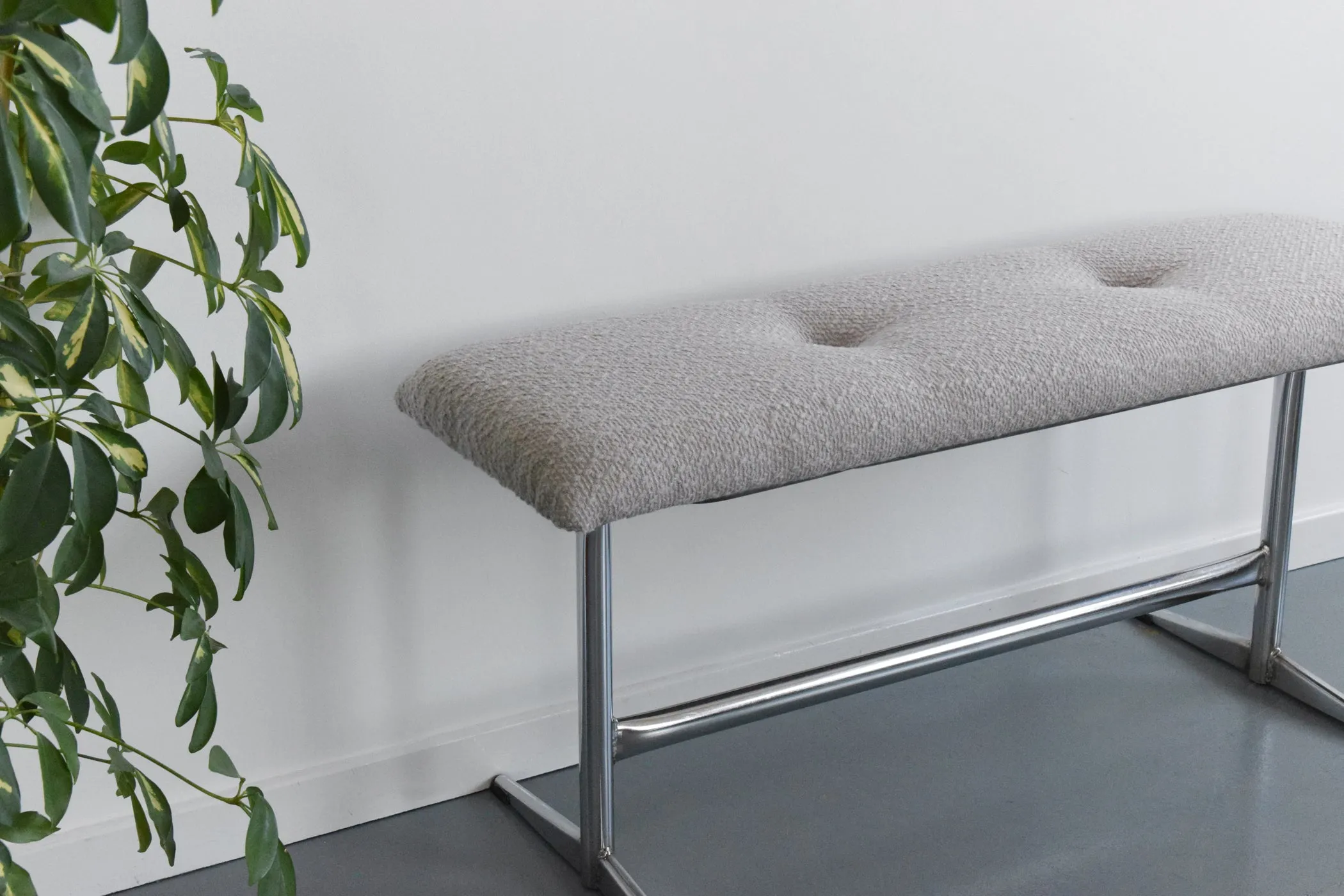Vintage Tubular Chrome Bench with Boucle Fabric