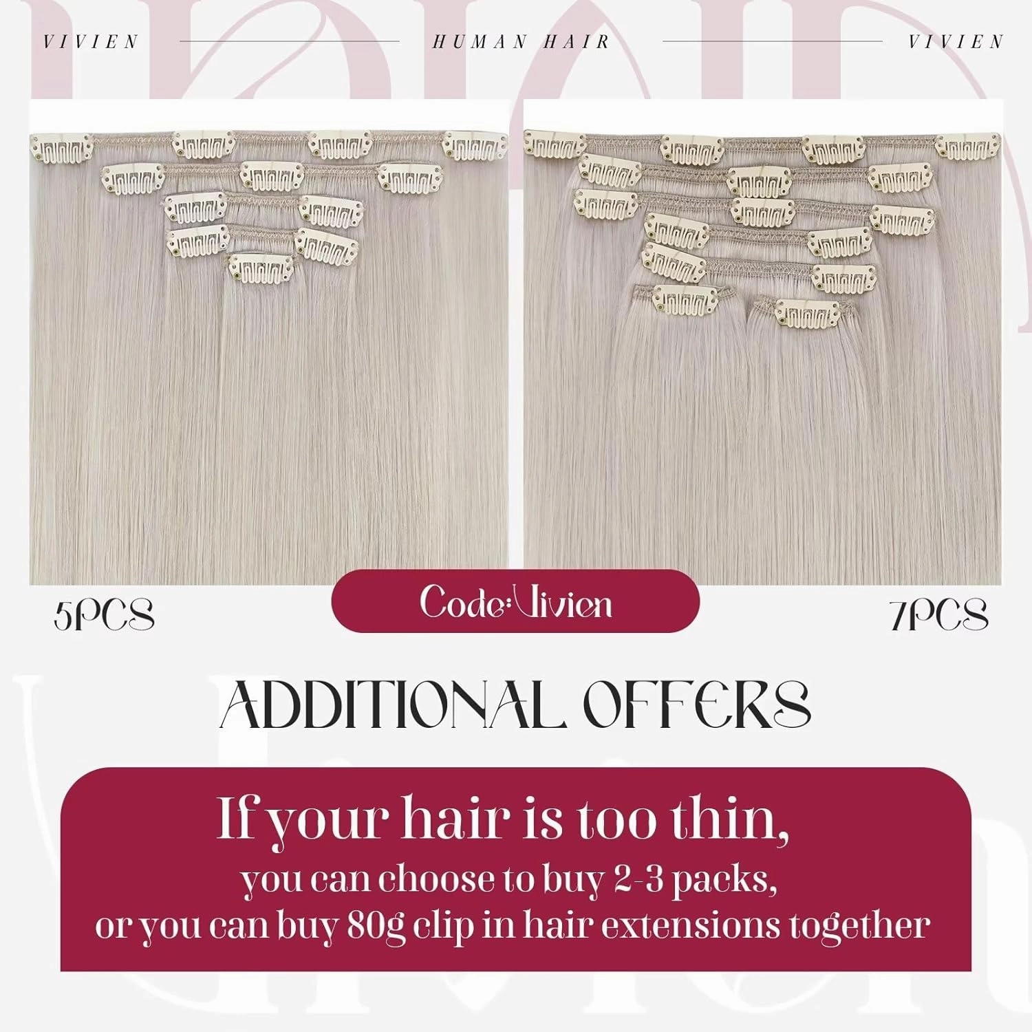 Vivien Human Hair Clip in Extensions Blonde Invisible Clip in Hair Extensions Human Hair Platinum Blonde Remy Smooth 10 Inch 80g 5pcs