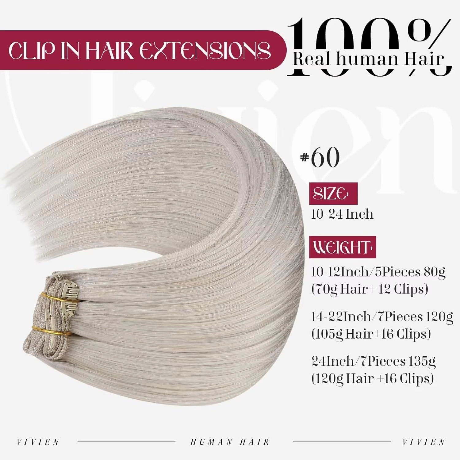 Vivien Human Hair Clip in Extensions Blonde Invisible Clip in Hair Extensions Human Hair Platinum Blonde Remy Smooth 10 Inch 80g 5pcs
