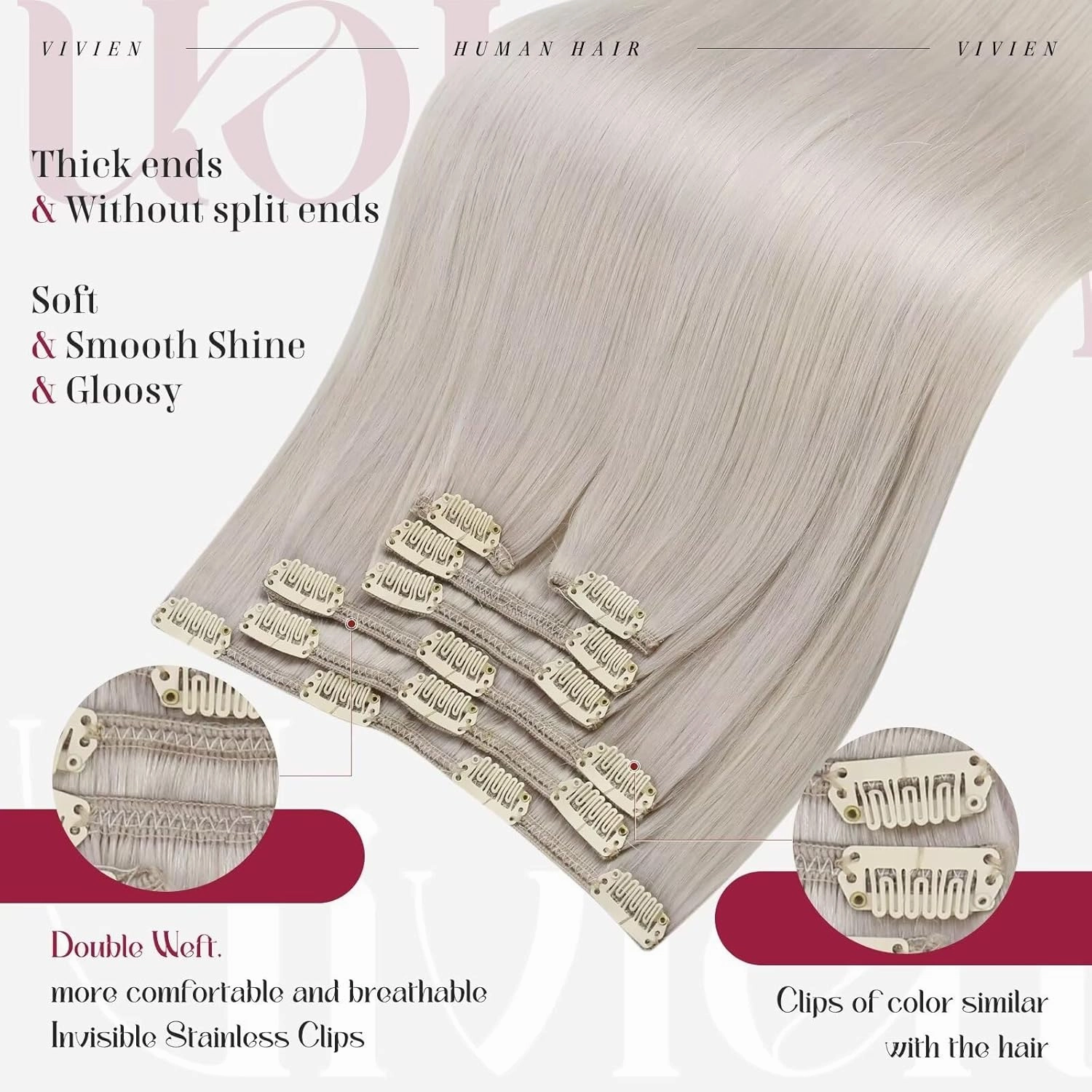 Vivien Human Hair Clip in Extensions Blonde Invisible Clip in Hair Extensions Human Hair Platinum Blonde Remy Smooth 10 Inch 80g 5pcs