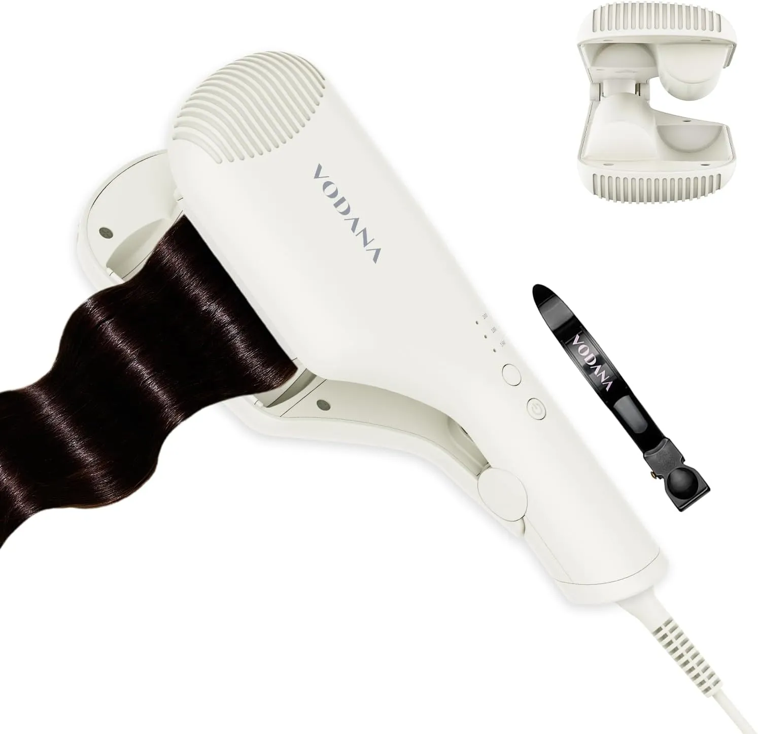 VODANA Compact Triple Flow Hair Waver - Portable Ceramic Curling Iron, Long-Lasting Beach Waves, Fast Heat-Up Double Barrel (1.5 inch, Ivory)