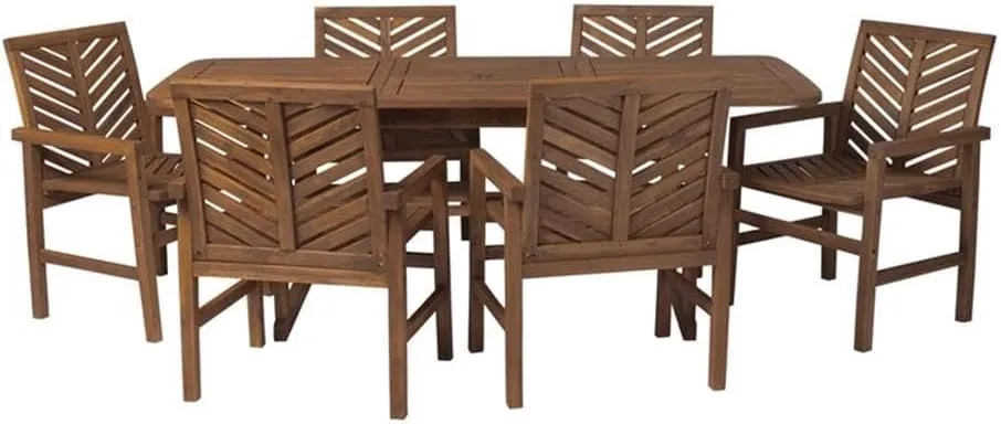 Walker Edison 6 Person Outdoor Wood Chevron Patio Furniture Dining Set Extendable Table Chairs All Weather Backyard Conversation Garden Poolside Balcony, 7 Piece, Dark Brown