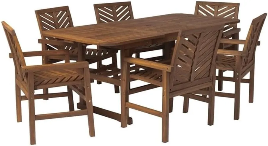 Walker Edison 6 Person Outdoor Wood Chevron Patio Furniture Dining Set Extendable Table Chairs All Weather Backyard Conversation Garden Poolside Balcony, 7 Piece, Dark Brown