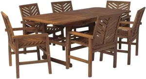 Walker Edison 6 Person Outdoor Wood Chevron Patio Furniture Dining Set Extendable Table Chairs All Weather Backyard Conversation Garden Poolside Balcony, 7 Piece, Dark Brown