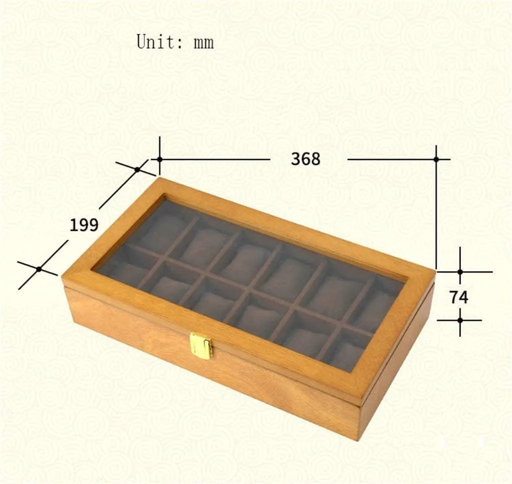 Watch Display Box Jewelry Watch Storage Box 12 Grids Watch Display Box with Glass Lid(Color:Brown Lining)