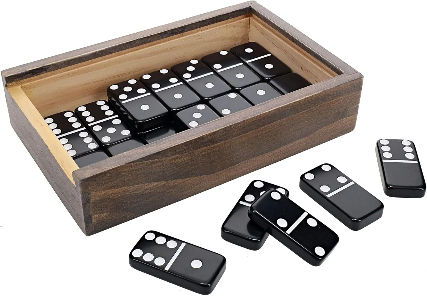 WE Games Double 6 Black Dominoes with White Dots in Wooden Case - Family Games, Party Games, Outdoor and Yard Games, Birthday, Retro Dominoes Set for Adults