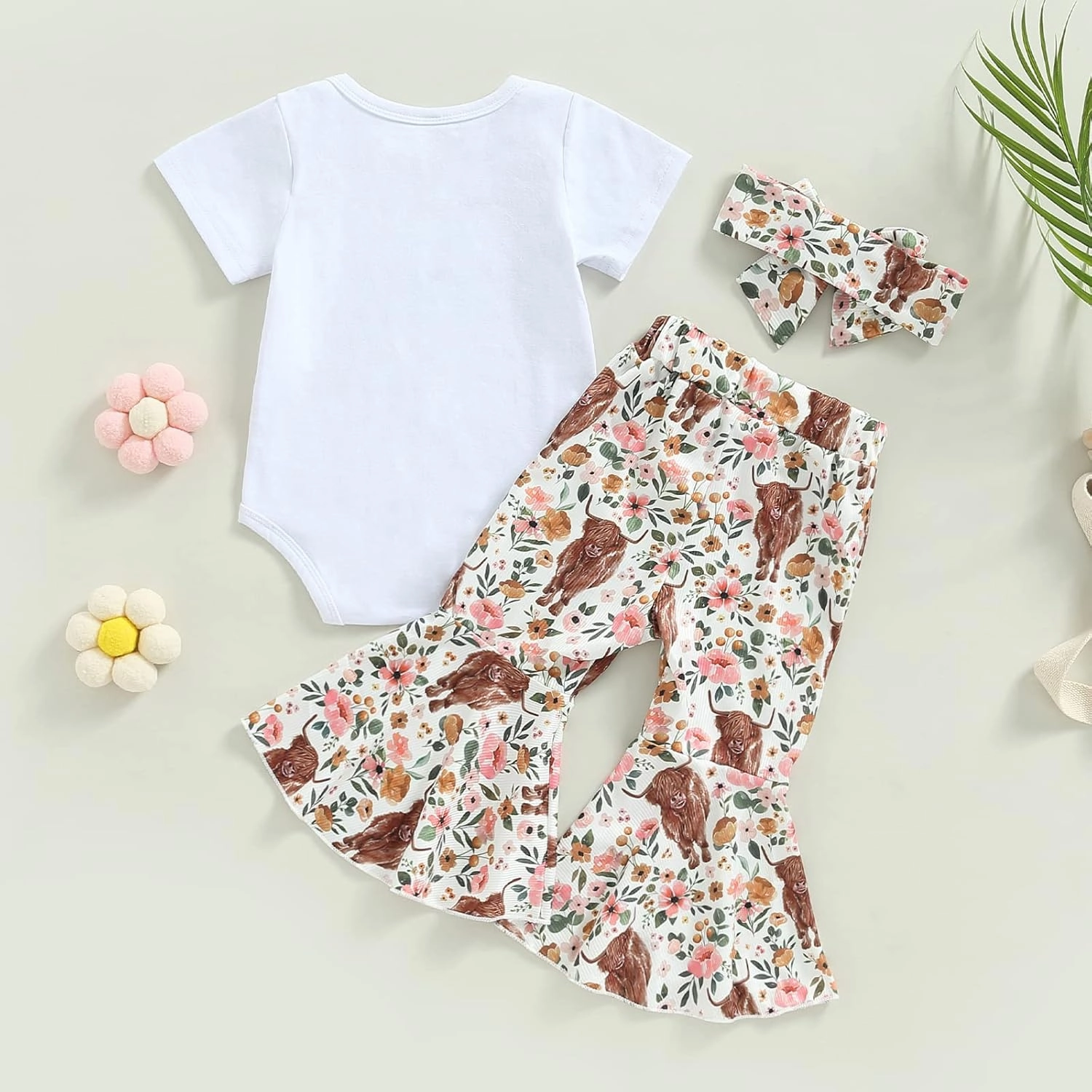 Western Baby Girl Clothes Letter Print Short Sleeve Romper Cow Print Flare Pants Headband 3Pcs Summer Outfits Set