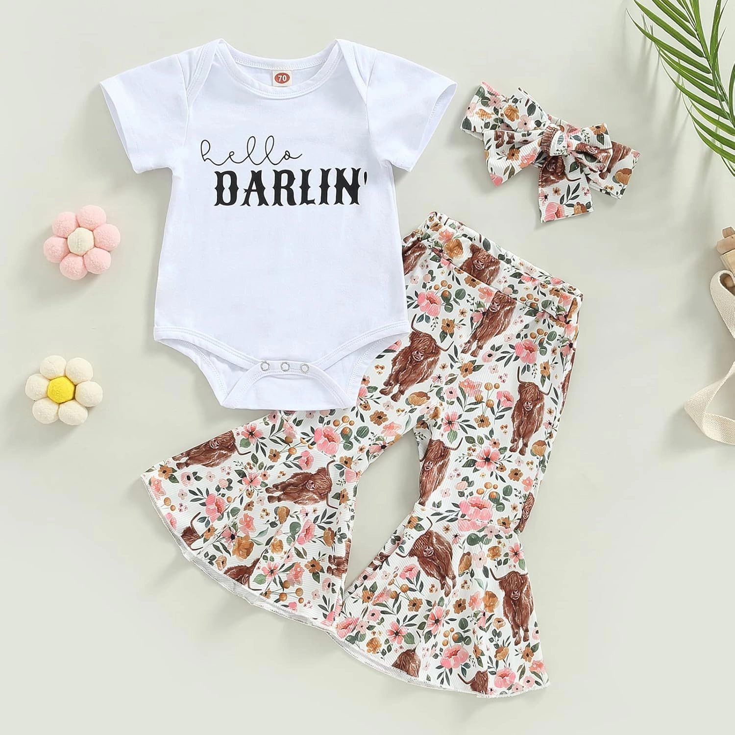 Western Baby Girl Clothes Letter Print Short Sleeve Romper Cow Print Flare Pants Headband 3Pcs Summer Outfits Set