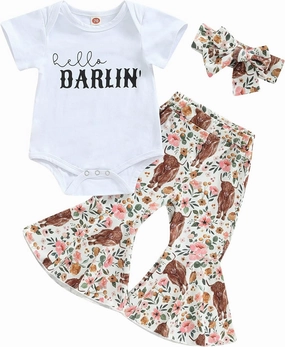 Western Baby Girl Clothes Letter Print Short Sleeve Romper Cow Print Flare Pants Headband 3Pcs Summer Outfits Set