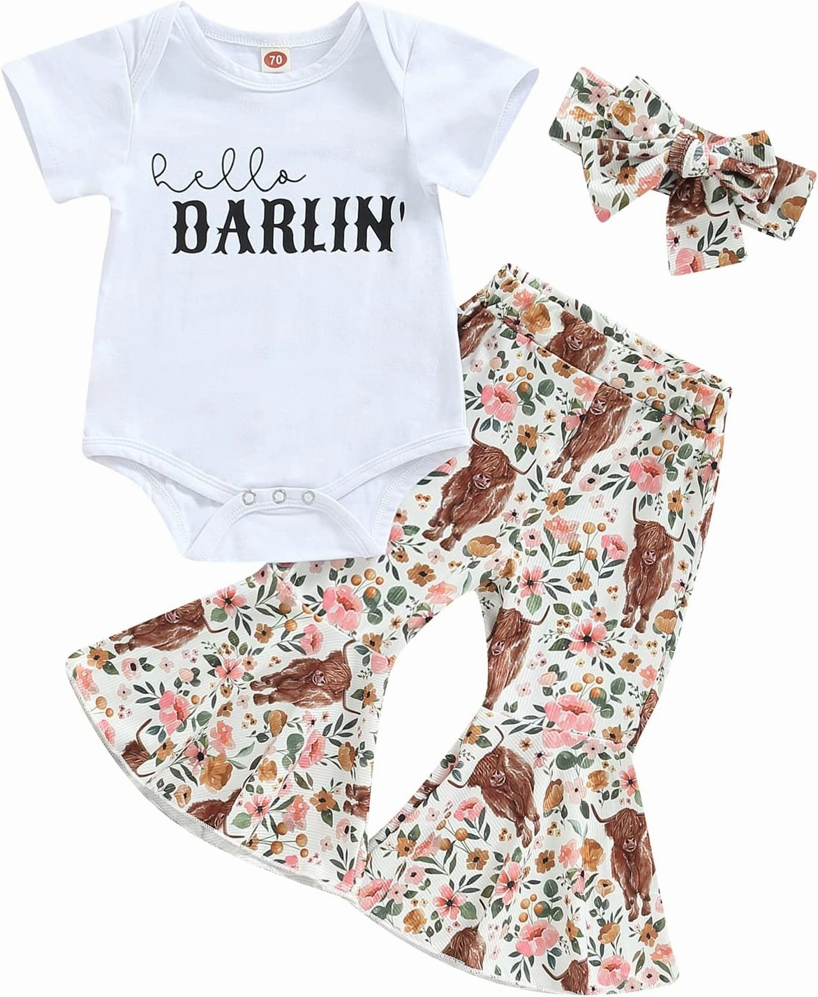 Western Baby Girl Clothes Letter Print Short Sleeve Romper Cow Print Flare Pants Headband 3Pcs Summer Outfits Set