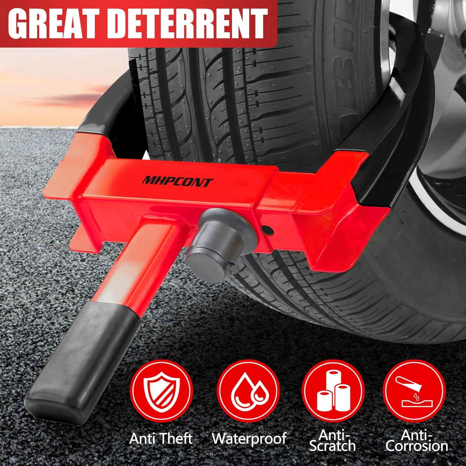 Wheel Lock Universal Trailer Wheel Lock Adjustable Security Tire Boot Lock Anti Theft for ATV RV SUV Car Golf Cart Boats Motorcycles Great Deterrent Bright Black-Red, 2 Packs 6 Keys Alike