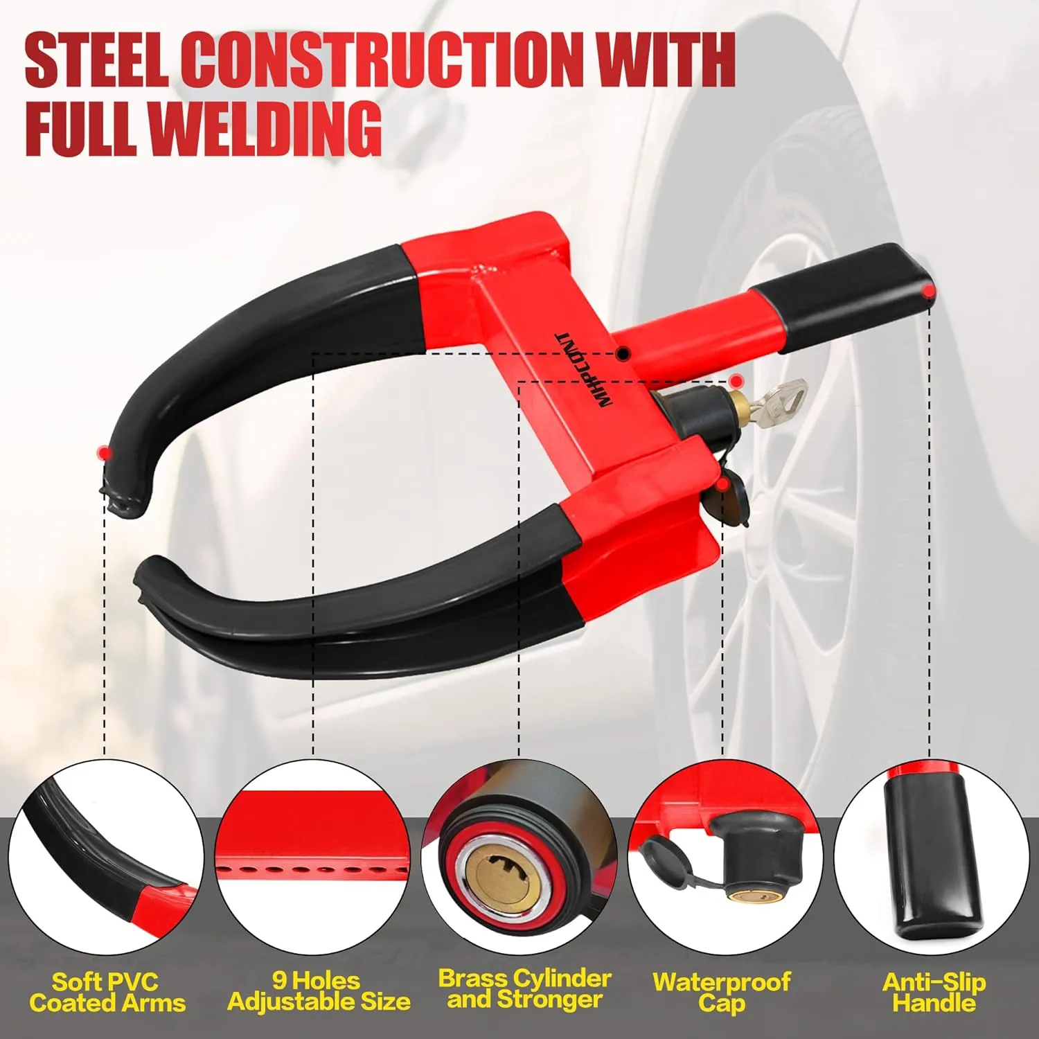 Wheel Lock Universal Trailer Wheel Lock Adjustable Security Tire Boot Lock Anti Theft for ATV RV SUV Car Golf Cart Boats Motorcycles Great Deterrent Bright Black-Red, 2 Packs 6 Keys Alike