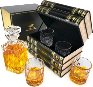 Whiskey Decanter Gift Set - Fake Book Tantalus Bourbon Cocktail Glasses Set of 4, Crystal Scotch Whiskey Glasses, Old Fashioned Liquor Men Gift, Bar, Kitchen Decor, Whisky Glass
