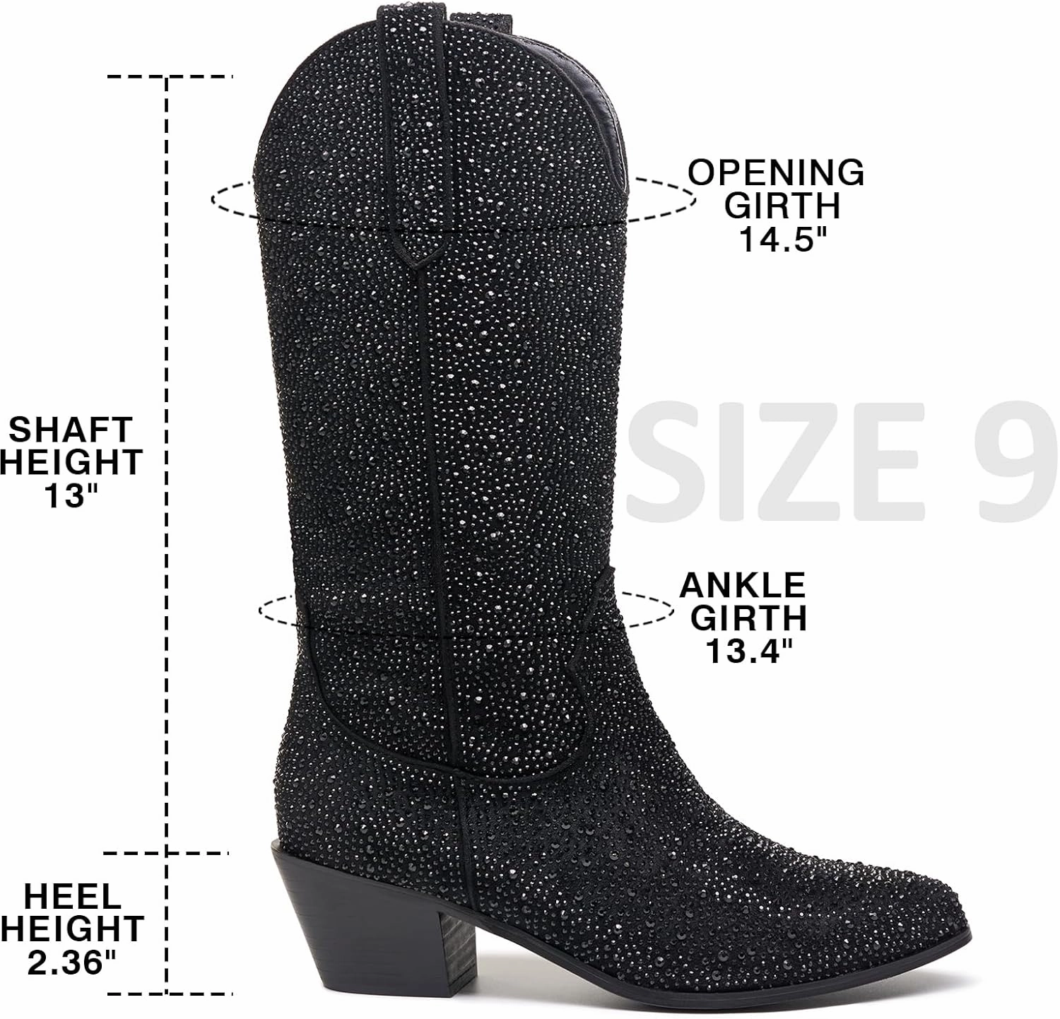 Wide Calf Rhinestone Cowboy Boots Sparkly Cowgirl boots for Women Pointed Toe 2inch Chunky heels Pull On Tabs Shiny Glitter Fashion Party Dress Retro Classic Boots
