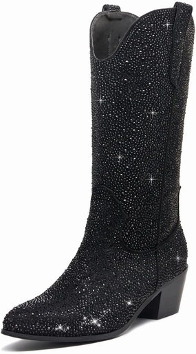 Wide Calf Rhinestone Cowboy Boots Sparkly Cowgirl boots for Women Pointed Toe 2inch Chunky heels Pull On Tabs Shiny Glitter Fashion Party Dress Retro Classic Boots