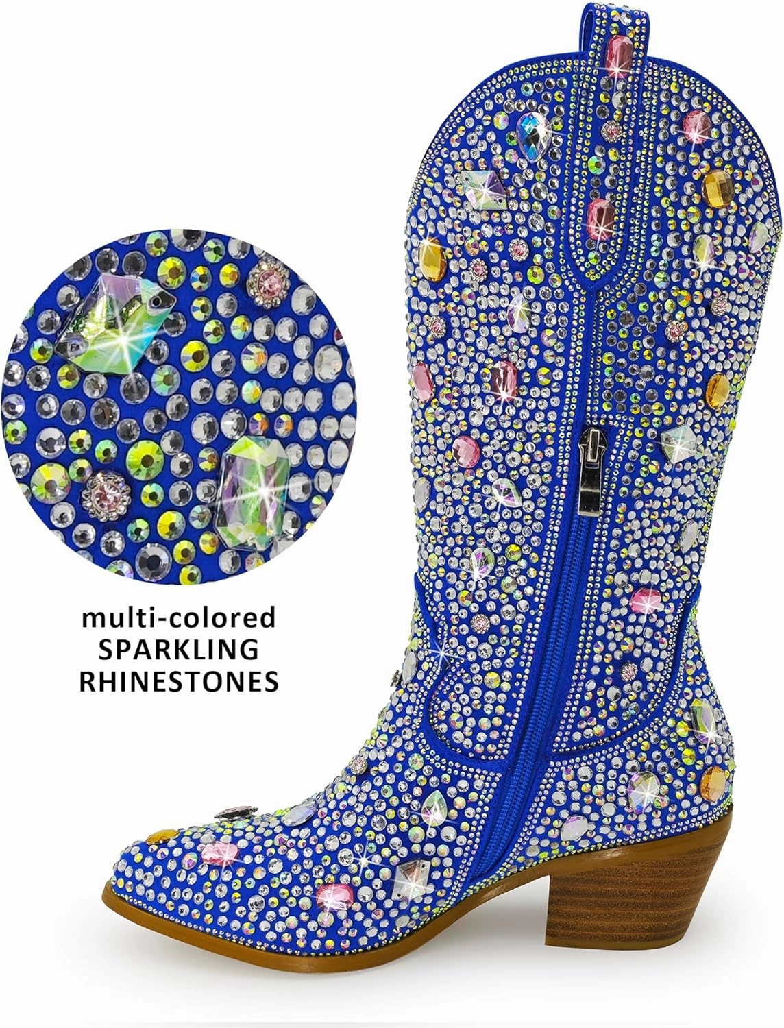 Wide Calf Rhinestone Cowboy Boots Sparkly Cowgirl boots for Women Pointed Toe 2inch Chunky heels Pull On Tabs Shiny Glitter Fashion Party Dress Retro Classic Boots