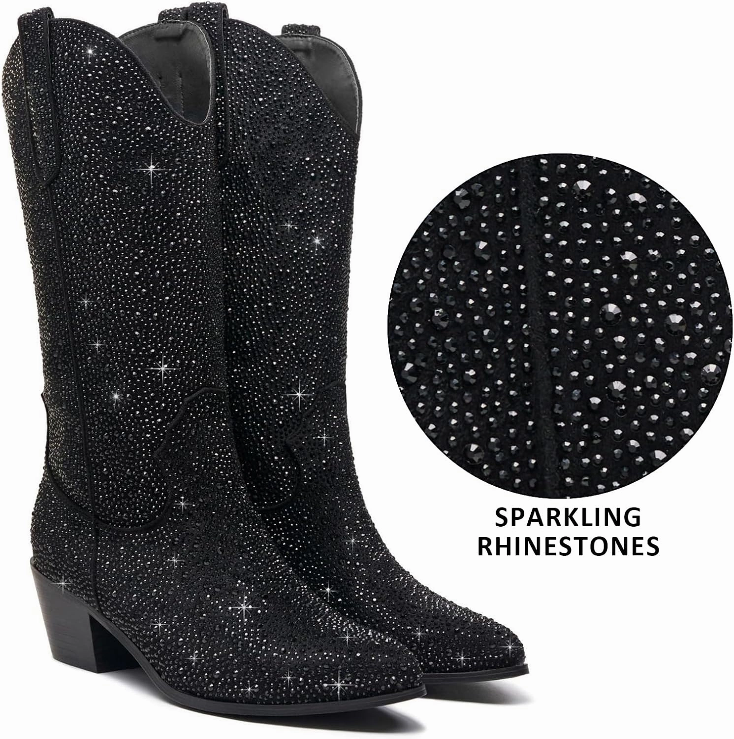 Wide Calf Rhinestone Cowboy Boots Sparkly Cowgirl boots for Women Pointed Toe 2inch Chunky heels Pull On Tabs Shiny Glitter Fashion Party Dress Retro Classic Boots