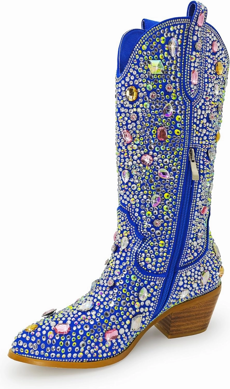 Wide Calf Rhinestone Cowboy Boots Sparkly Cowgirl boots for Women Pointed Toe 2inch Chunky heels Pull On Tabs Shiny Glitter Fashion Party Dress Retro Classic Boots
