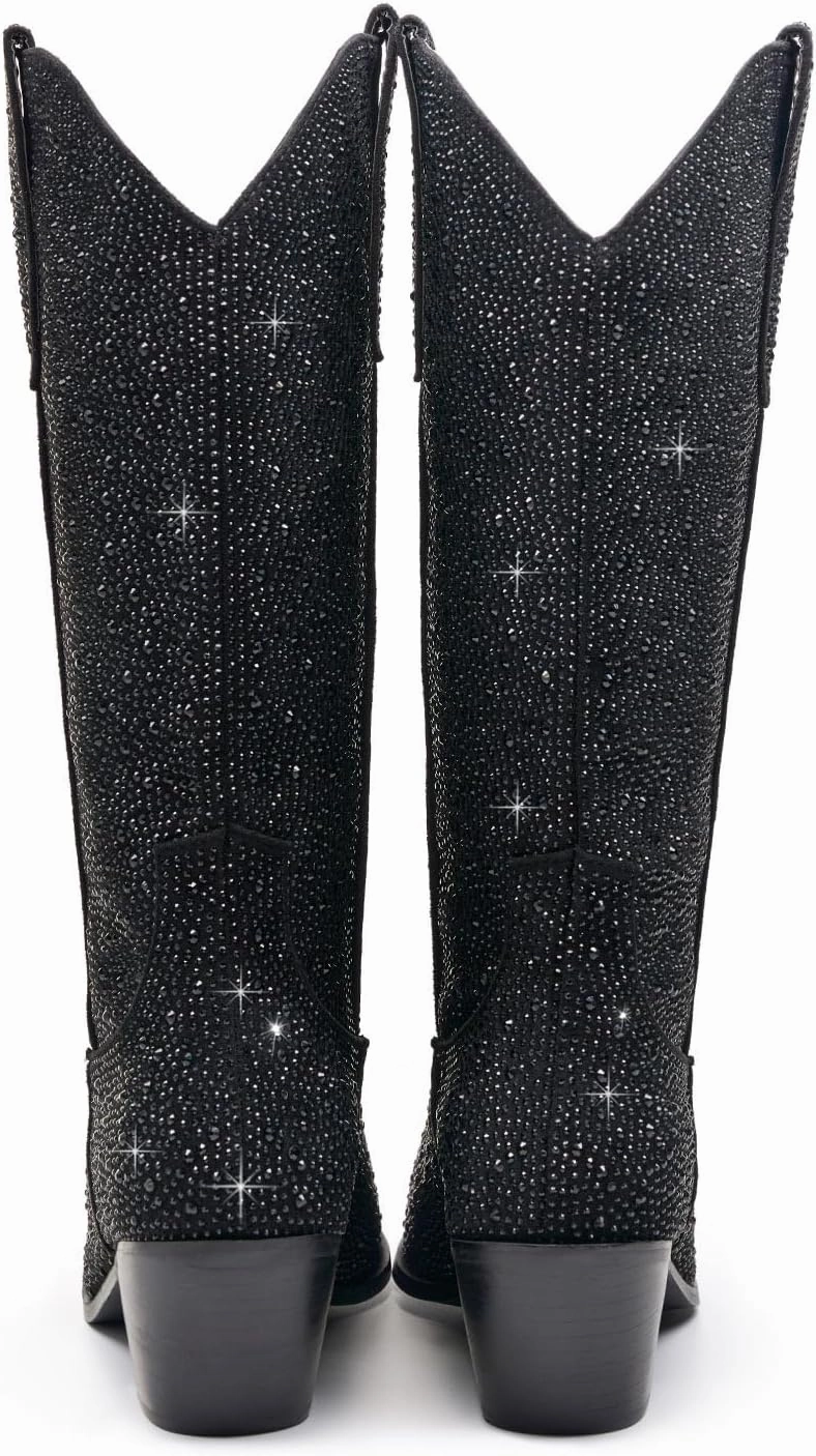Wide Calf Rhinestone Cowboy Boots Sparkly Cowgirl boots for Women Pointed Toe 2inch Chunky heels Pull On Tabs Shiny Glitter Fashion Party Dress Retro Classic Boots