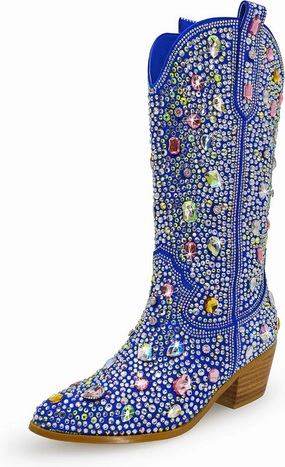 Wide Calf Rhinestone Cowboy Boots Sparkly Cowgirl boots for Women Pointed Toe 2inch Chunky heels Pull On Tabs Shiny Glitter Fashion Party Dress Retro Classic Boots