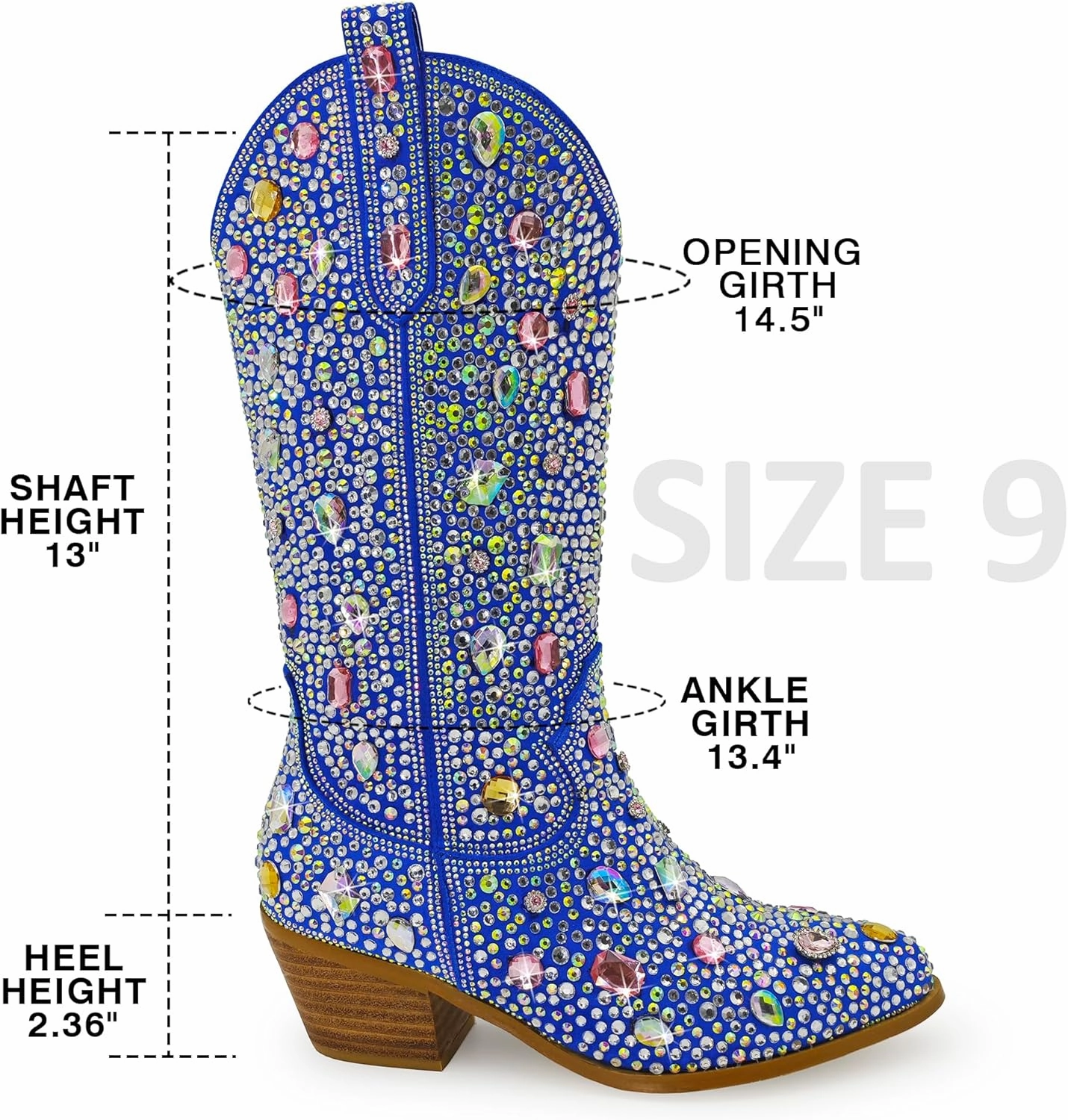 Wide Calf Rhinestone Cowboy Boots Sparkly Cowgirl boots for Women Pointed Toe 2inch Chunky heels Pull On Tabs Shiny Glitter Fashion Party Dress Retro Classic Boots