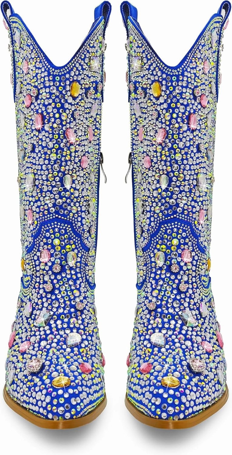 Wide Calf Rhinestone Cowboy Boots Sparkly Cowgirl boots for Women Pointed Toe 2inch Chunky heels Pull On Tabs Shiny Glitter Fashion Party Dress Retro Classic Boots