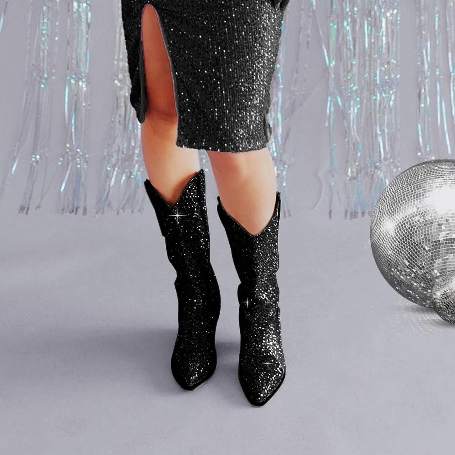 Wide Calf Rhinestone Cowboy Boots Sparkly Cowgirl boots for Women Pointed Toe 2inch Chunky heels Pull On Tabs Shiny Glitter Fashion Party Dress Retro Classic Boots