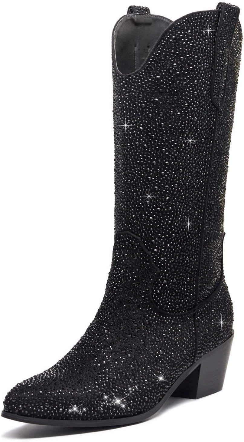 Wide Calf Rhinestone Cowboy Boots Sparkly Cowgirl boots for Women Pointed Toe 2inch Chunky heels Pull On Tabs Shiny Glitter Fashion Party Dress Retro Classic Boots
