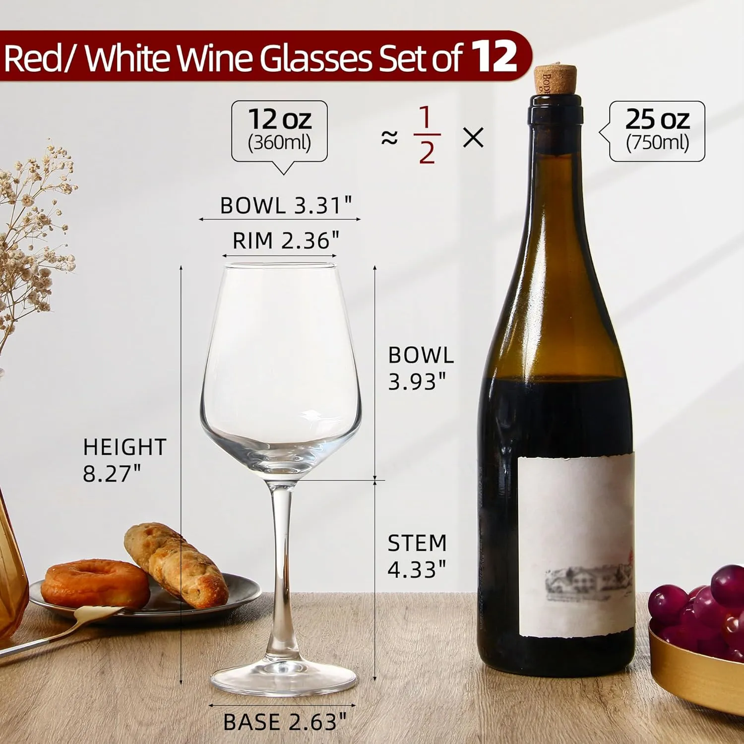 Wine Glasses Set of 12, 12oz Clear Red/White Wine Glasses, Long Stem Wine Glasses for Party, Wedding and Home