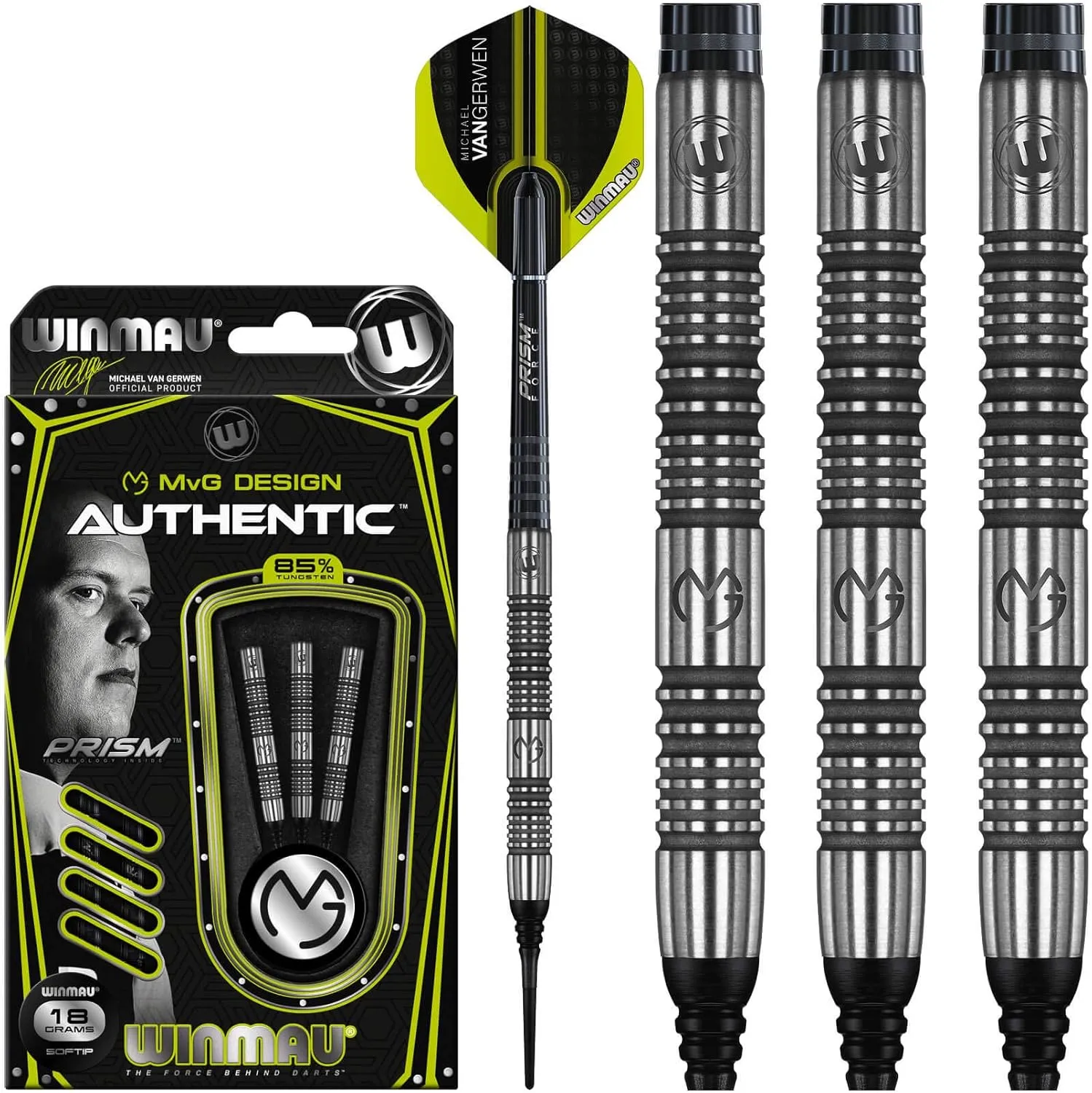Winmau Michael Van Gerwen MvG Authentic 85% Tungsten Darts Set with Prism Flights and Shafts (Stems)