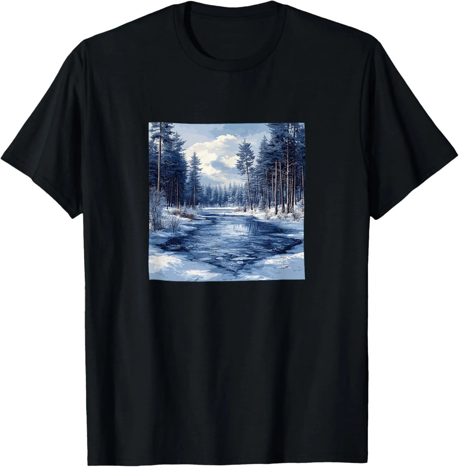 Winter Forest With Frozen Lake Landscape Vintage Graphic T-Shirt