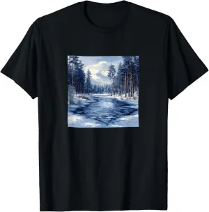 Winter Forest With Frozen Lake Landscape Vintage Graphic T-Shirt