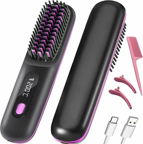 Wireless Hair Straightener Curling Brush Portable Hot Comb Negative Ion Straightening Airwrap Cordless Blow Dryer Lazy Crimper Touch-ups On-The-Go Styling 250°F to 410°F Rechargeable (Black)