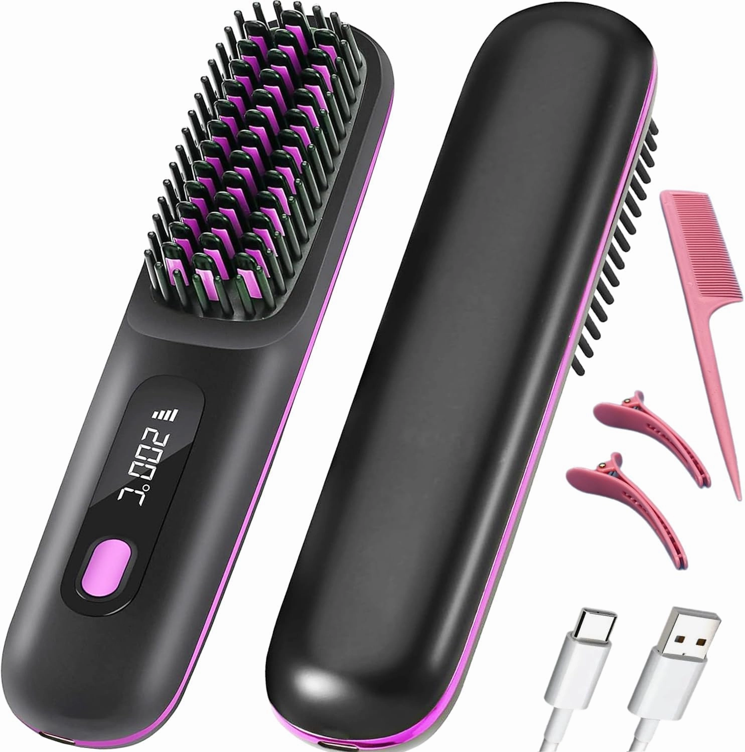 Wireless Hair Straightener Curling Brush Portable Hot Comb Negative Ion Straightening Airwrap Cordless Blow Dryer Lazy Crimper Touch-ups On-The-Go Styling 250°F to 410°F Rechargeable (Black)