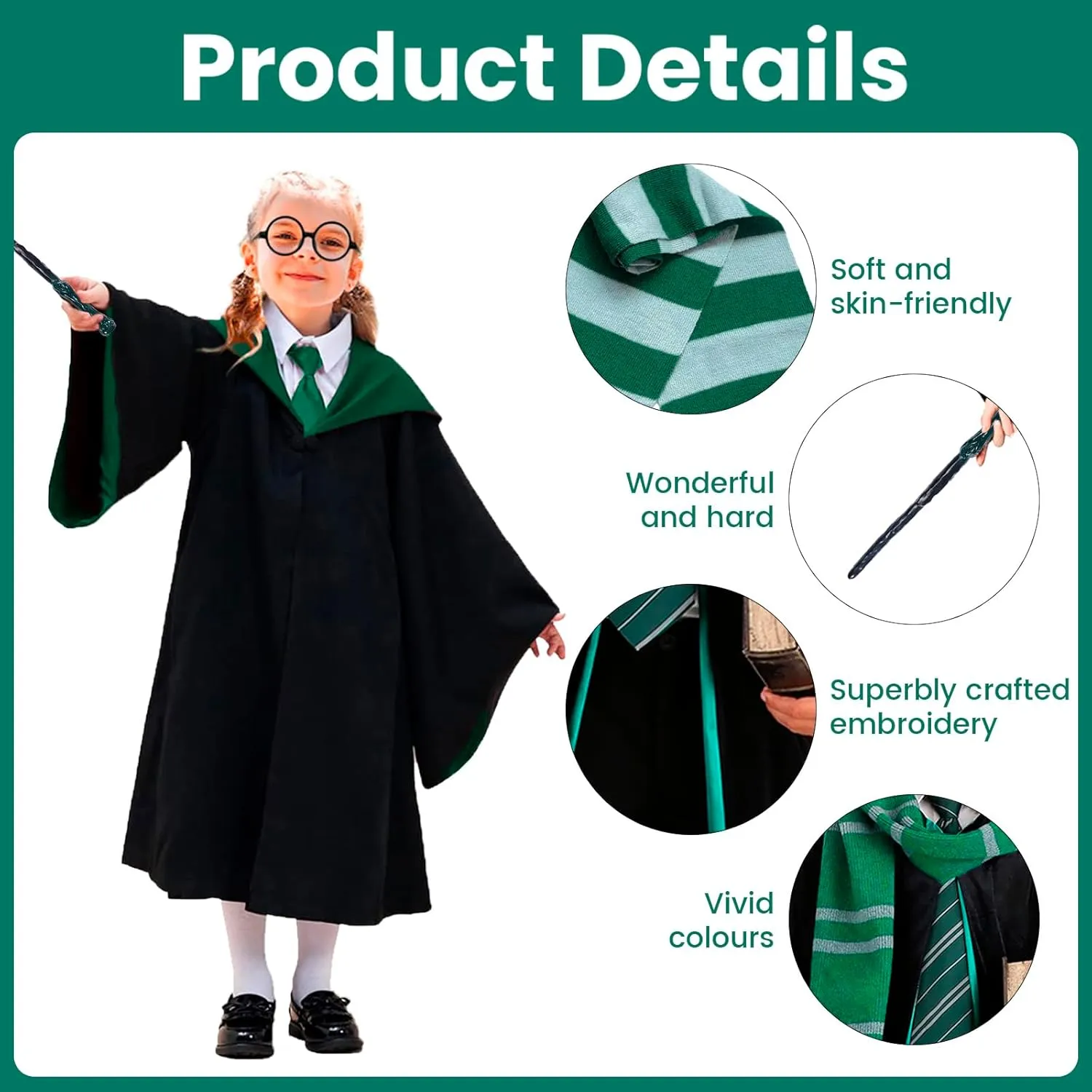 Wizard Costume Party Cosplay Set, Wizard Cloak Robe for Kids, Wizarding World Halloween Costume, Accessories for Party