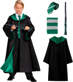 Wizard Costume Party Cosplay Set, Wizard Cloak Robe for Kids, Wizarding World Halloween Costume, Accessories for Party