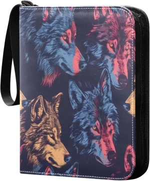 Wolves Colorful Card Binder 4-Pocket, 400 Pockets PU Waterproof Zippered Collector Card Album with 50 Removable Sleeves for Trading, Game Cards
