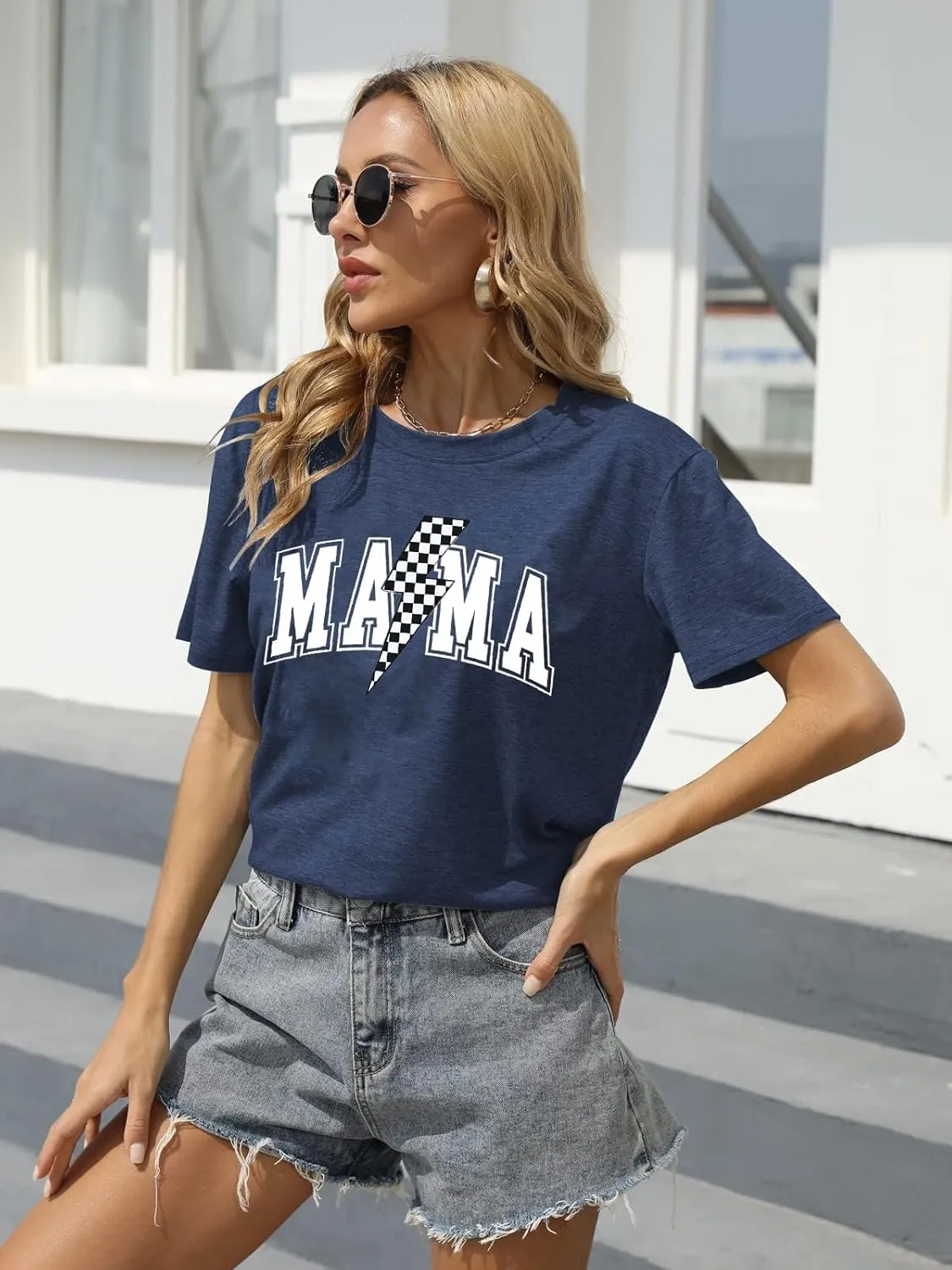 Women Mama Shirt Funny Mom Letter Printed T-Shirt Retro Mama Checkered Graphic T Shirt Casual Short Sleeve Tee Top