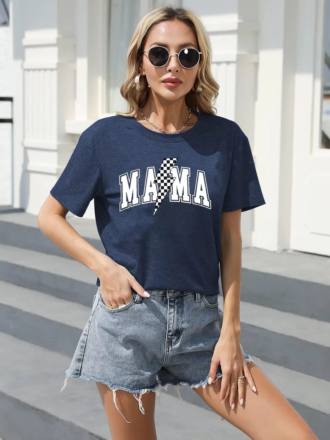 Women Mama Shirt Funny Mom Letter Printed T-Shirt Retro Mama Checkered Graphic T Shirt Casual Short Sleeve Tee Top