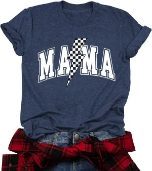 Women Mama Shirt Funny Mom Letter Printed T-Shirt Retro Mama Checkered Graphic T Shirt Casual Short Sleeve Tee Top