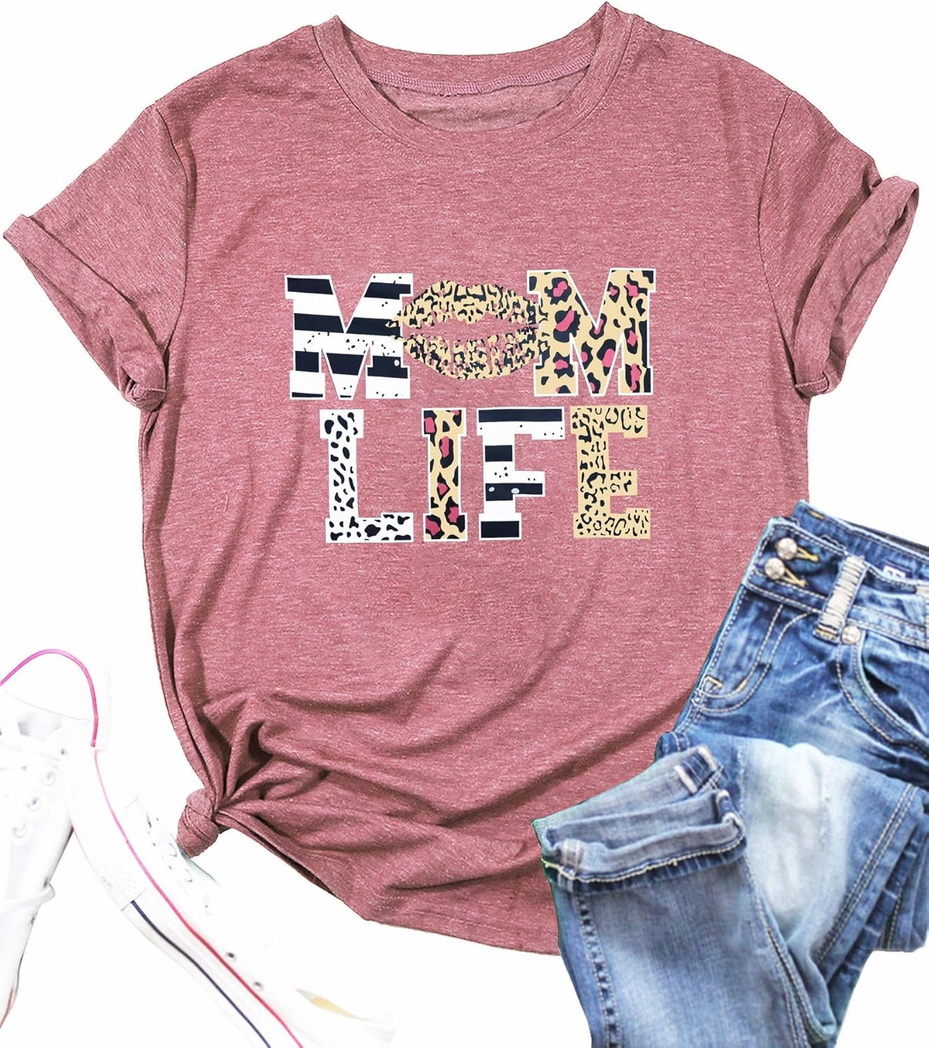 Women Mom Life T-Shirts Leopard Lips Stripe Graphic Shirts Funny Letter Printed Tee Mother's Day Casual Blouse