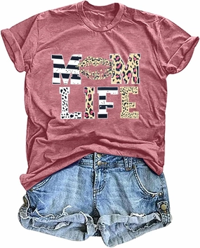 Women Mom Life T-Shirts Leopard Lips Stripe Graphic Shirts Funny Letter Printed Tee Mother's Day Casual Blouse