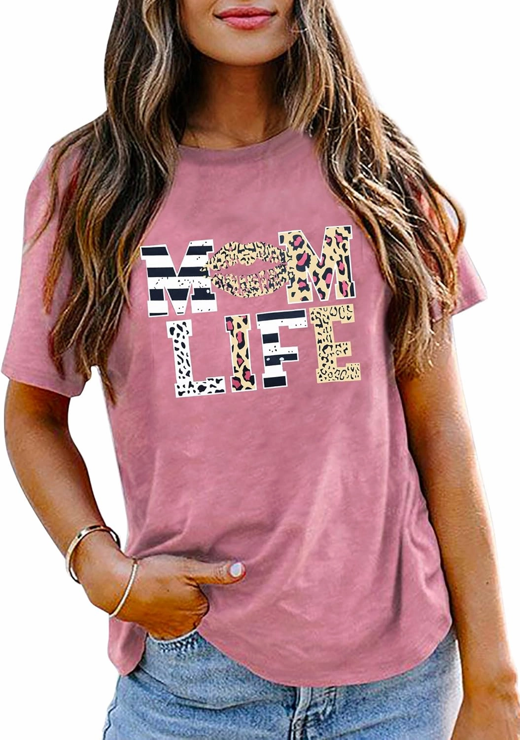 Women Mom Life T-Shirts Leopard Lips Stripe Graphic Shirts Funny Letter Printed Tee Mother's Day Casual Blouse