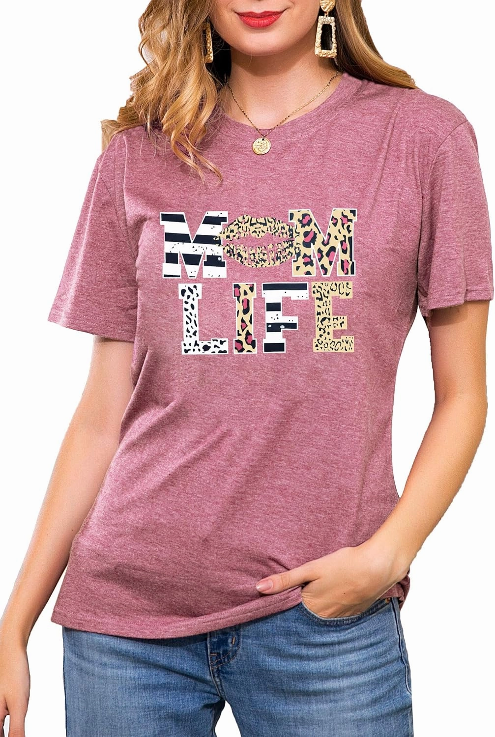 Women Mom Life T-Shirts Leopard Lips Stripe Graphic Shirts Funny Letter Printed Tee Mother's Day Casual Blouse