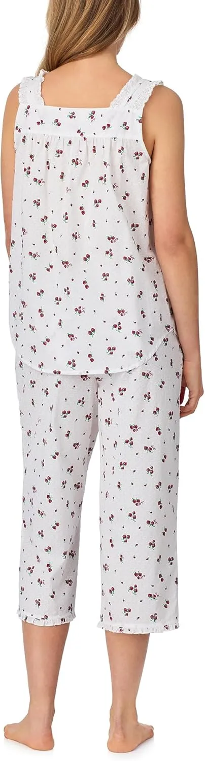 Women's 100% Cotton Woven Lawn & Seersucker 2-Piece Set, Sleeveless Tank with Pintuck Neckline & Capri Pants